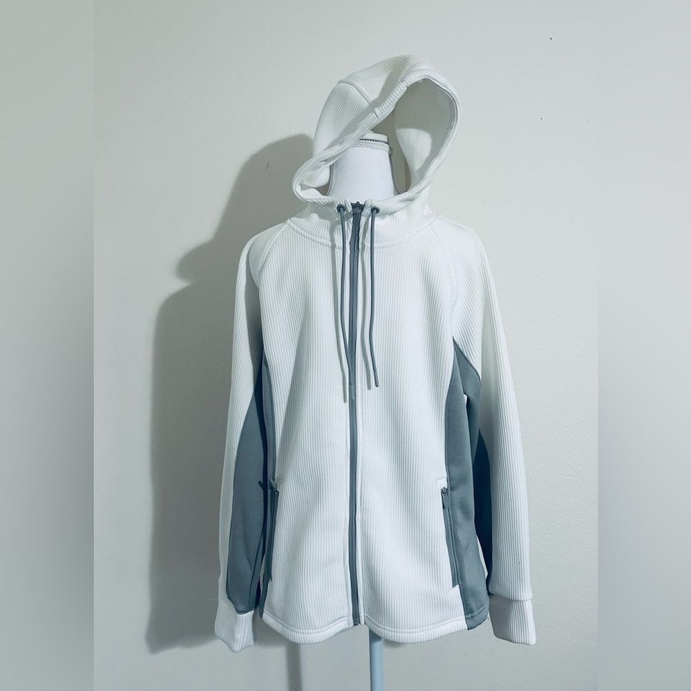 Swiss Tech Women's White Waffle Knit Tech Fleece Hooded Zip Jacket L (12-14)